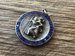 Vintage Blue Enamel Sterling Silver Saint Christopher Medal Pendant