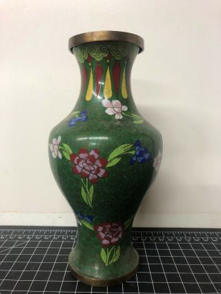 Vintage Chinese Cloisonne Vase Green Flowers 8”