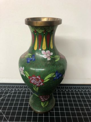 Vintage Chinese Cloisonne Vase Green Flowers 8” 2