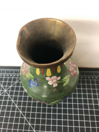 Vintage Chinese Cloisonne Vase Green Flowers 8” 3