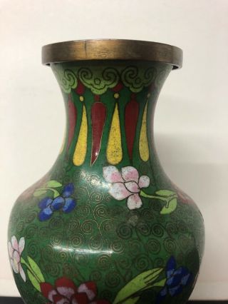 Vintage Chinese Cloisonne Vase Green Flowers 8” 4