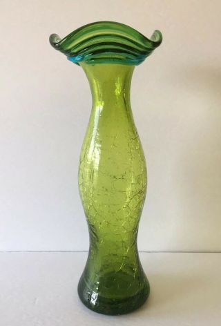 Vintage Blenko Green Crackle Glass 10.  25 " Vase With 4 Applied Blue Rings Ruffled