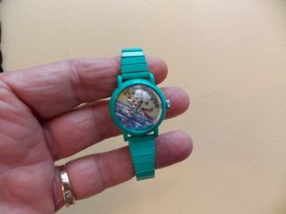 Vintage Out Of Time Green Watch W/ Moving Airplane & Bubble Crystal Fine