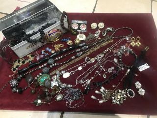 Vintage Tin Full Of Mixed Jewellery From House Joblot Vintage