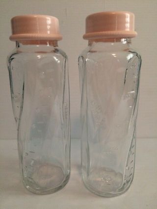 2 Embossed 8oz 240 Cubic Cm Evenflo Glass Baby Bottle W/ Disc Usa Made Clear Vtg
