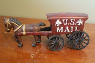 Vintage Cast Iron Horse & Red Wagon Buggy Carriage U.  S.  Mail Mailman