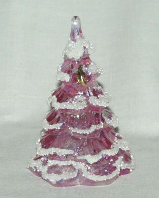 Vintage Fenton Christmas Tree 3 " Pink Iridescent W Snow Frosted W Gold Partridge