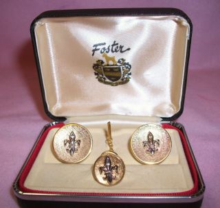 Vintage Foster Fleur De Lis Pattern Gold/silver Cuff Links & Tie Tack