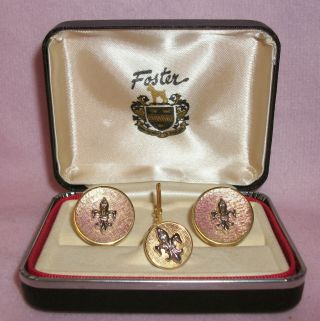 Vintage FOSTER Fleur De Lis Pattern Gold/Silver Cuff Links & Tie Tack 2