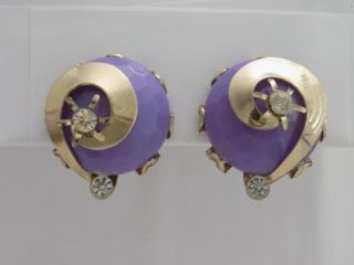 Vintage Rhinestone Shooting Star Purple Plastic Cabochon Clip Earrings 4412