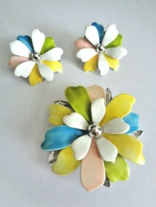 Vintage Sarah Coventry Set Pin Brooch Clip Earrings Colorful Enameled Flowers