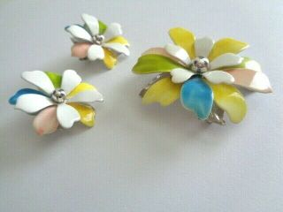 Vintage SARAH COVENTRY Set Pin Brooch Clip Earrings Colorful Enameled Flowers 2
