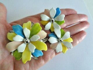 Vintage SARAH COVENTRY Set Pin Brooch Clip Earrings Colorful Enameled Flowers 5