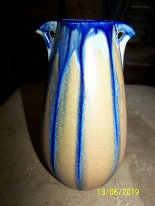 Vintage Belgium Ceramic Blue & Yellowish Drip Glaze Art & Crafts Vase 6 3/4 "