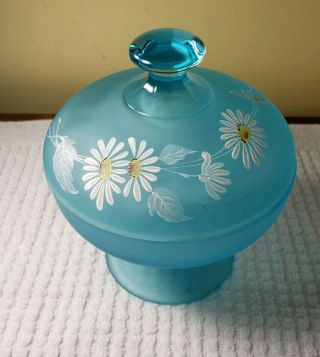 Vintage Westmoreland Hand Painted Daisy Blue Glass Pedestal Dish