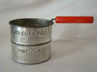 Vintage Shake & Sift Red Wood Handle Tin Mesh 1 - 2 Cup Kitchen Flour Sifter