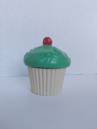 Vintage E S Molds Ceramic Green White Cupcake With Cherry Jar 1976