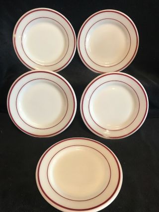 Vintage Pyrex Double Tough Plates White With Ruby Red Band Stripes Set Of 5