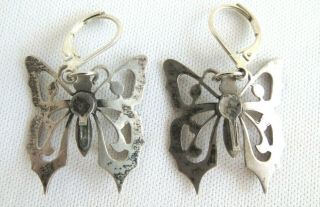 Vintage Sterling Silver Butterfly Pierced Earrings Dangle Filigree