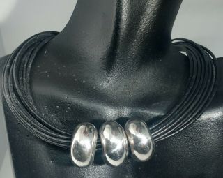 Vtg 12 Strand Black Leather & 3/4 " H Thick Sterling Silver Bead Choker Necklace