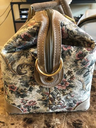Vintage French luggage company tapestry/suede carry - on Purse Bag Grandma Handbag 5