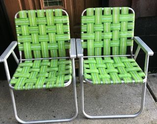 2 Vintage Aluminum Folding Lawn Chairs Green Webbing Patio Arm Rests Camping Two