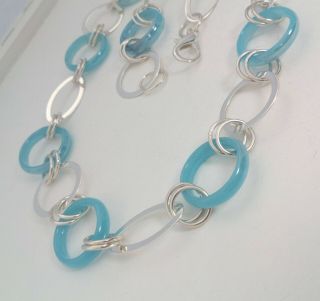 Vintage Art Deco Jacob Bengal Style - Aqua Blue Glass Ring Necklace 4