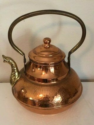 Vintage Micap Hammered Copper Tea Pot W/ Brass Goose Spout & Handle Unusual
