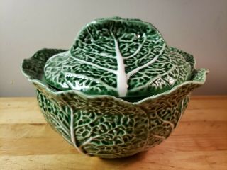Vintage Large Bordallo Pinheiro Green Cabbage Soup Tureen With Lid - 3 Quart