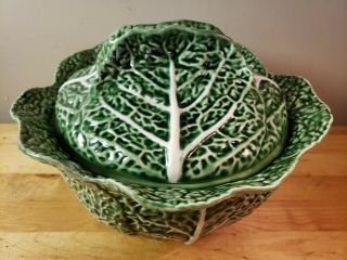 Vintage Large Bordallo Pinheiro Green Cabbage Soup Tureen with Lid - 3 quart 3