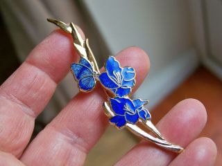Vintage Signed Jewellery Cloisonne Enamel Gladioli Flower & Butterfly Brooch Pin