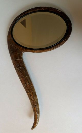 Vintage Faux Crocodile Alligator Juniper Wood Hand Mirror