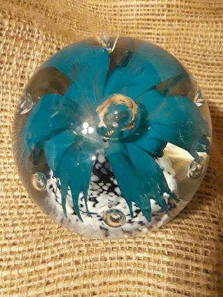 Vintage Art Blown Glass Paperweight Blue Flower White/blue Base W Bubbles