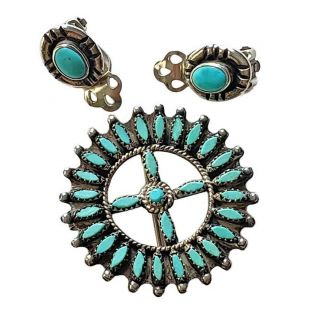 Vtg Southwestern Sterling Silver Petit Point Turquoise Pin & Clip - On Earrings