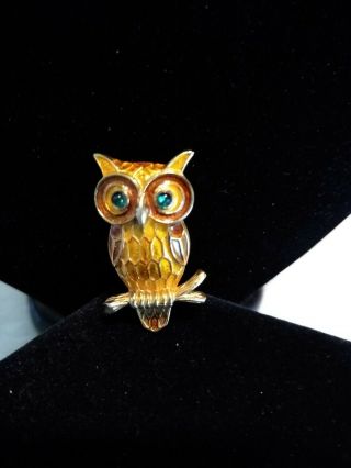 Vintage Crown Trifari Gold Enamel & Green Rhinestone Owl Pin Brooch