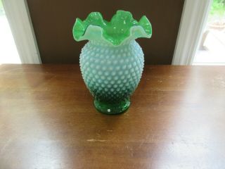 Vintage Fenton Hobnail Opalescent Green 6 " Thin Ruffled Vase