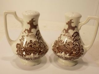 Vintage Ceramic Pitcher Shaped Salt & Pepper Shakers W/ English Countryside.