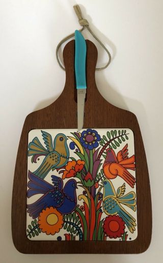 Vintage Euc Colorful Birds Tile & Wood Cheese Cutting Board 12 " X7.  5 " With Knife