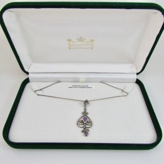 Vintage Sterling Silver Amethyst & Marcasite Pendant Prince Of Wales Link Chain