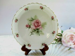Vintage White Porcelain Decorative Scalloped Plate Pink Roses Gold Trim W Stand