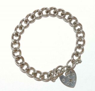 7 " Vintage English Sterling Silver 925 Padlock Charm Bracelet Heart Clasp 28g