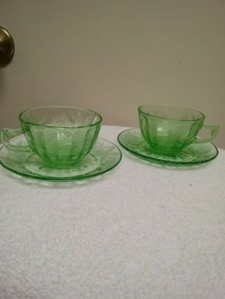 Vintage Depression Vaseline 2 Green Glass Teacup & Saucer Jeannette Floral