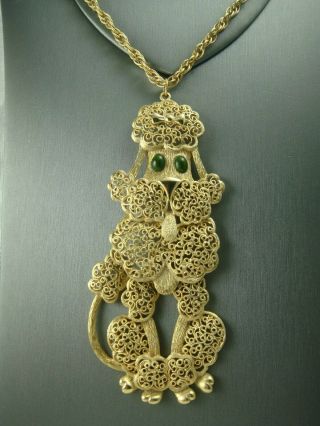 Vintage Large French Poodle Articulated Gold Tone Scroll 5 " Pendant Necklace