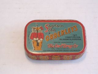 Captain John Orderleys Vintage Pill Tin The Owl Drug Co.  Owl Soldier On Lid