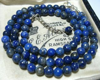 Gorgeous Vintage Style Real Lapis Lazuli Stone Bead Sterling Silver 17 " Necklace