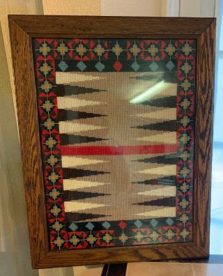 Vintage Framed Backgammon Ethnic Tapestry Geometric Needlepoint Textile Art