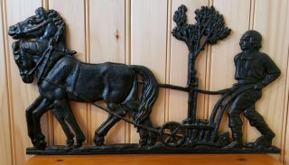 Vintage Horse/plow/farmer Black Cast Iron Metal Wall Placque Decoration