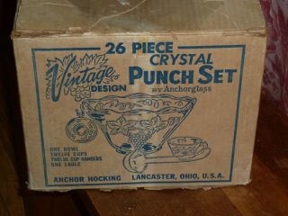 Vtg 26 Pc Anchor Hocking Crystal Glass Punch Bowl Set Box Grapes Design