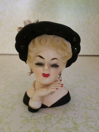Vintage Lady Head Vase,  Inarco Gloved Hand Blonde Hair,  Pearls,  Black Hat