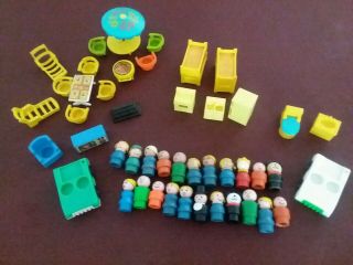Vintage Fisher Price Mostly Wooden Little People.  Furniture,  Vehicles.